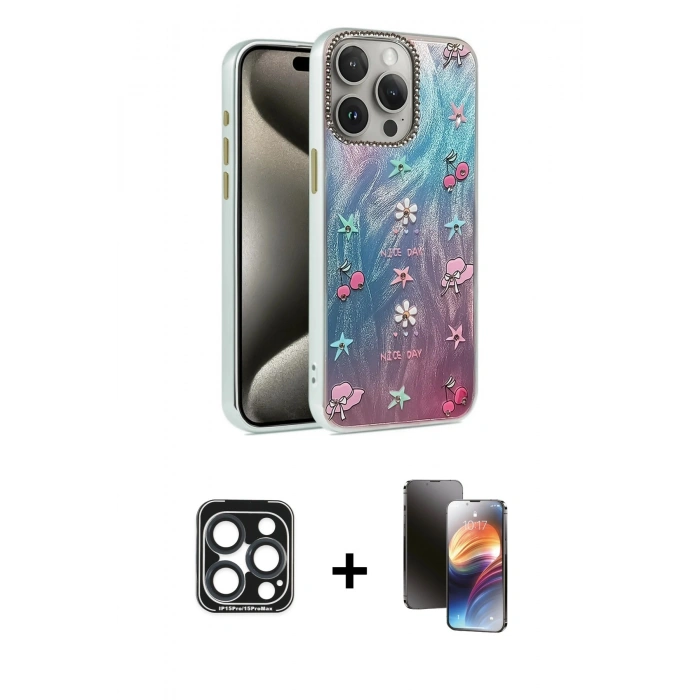 MARSİLYAN™- iPhone 15 Pro Max Kılıf Zirve Modern Prime - Siyah 3D Antistatik Mat Seramik Nano Ekran Koruyucu + PVD Metal Kamera Lens - LT