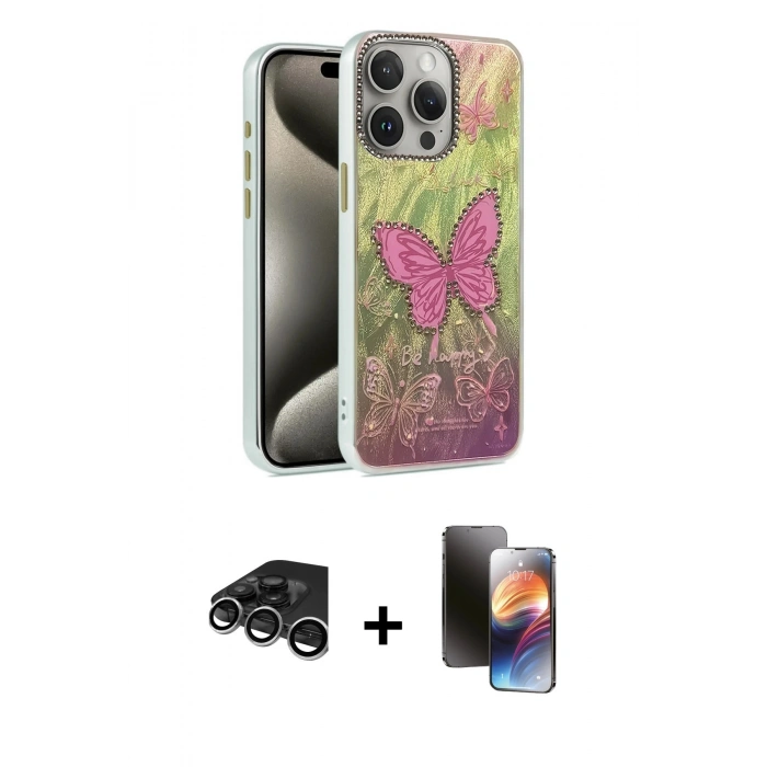 MARSİLYAN™- iPhone 15 Pro Max Kılıf Zirve Modern Prime - Siyah 3D Antistatik Mat Seramik Nano Ekran Koruyucu + Gümüş Raze Metal Kamera Lens