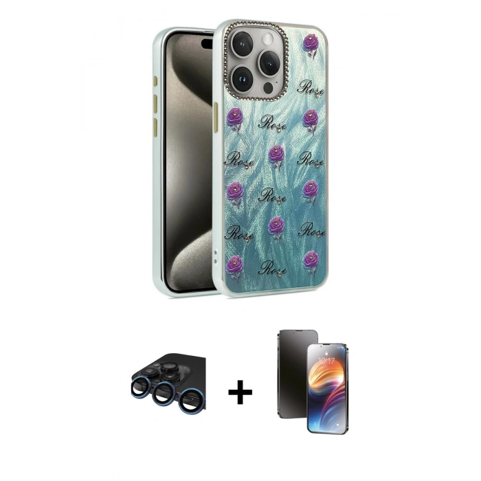 MARSİLYAN™- iPhone 15 Pro Max Kılıf Zirve Modern Prime - Siyah 3D Antistatik Mat Seramik Nano Ekran Koruyucu + Lacivert Raze Metal Kamera Lens