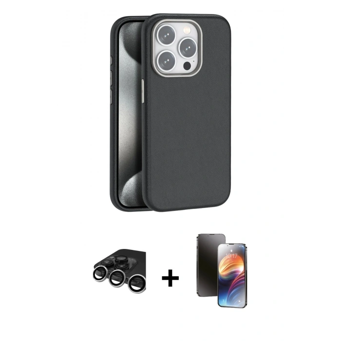 MARSİLYAN™- iPhone 15 Pro Max Kılıf Zirve Modern Prime - Siyah 3D Antistatik Mat Seramik Nano Ekran Koruyucu + Gümüş Raze Metal Kamera Lens