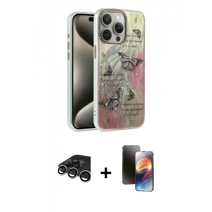 MARSİLYAN™- iPhone 15 Pro Max Kılıf Zirve Modern Prime - Siyah 3D Antistatik Mat Seramik Nano Ekran Koruyucu + Gümüş Raze Metal Kamera Lens