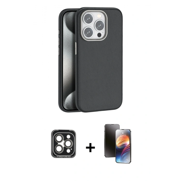 MARSİLYAN™- iPhone 15 Pro Max Kılıf Zirve Modern Prime - Siyah 3D Antistatik Mat Seramik Nano Ekran Koruyucu + PVD Metal Kamera Lens - GI