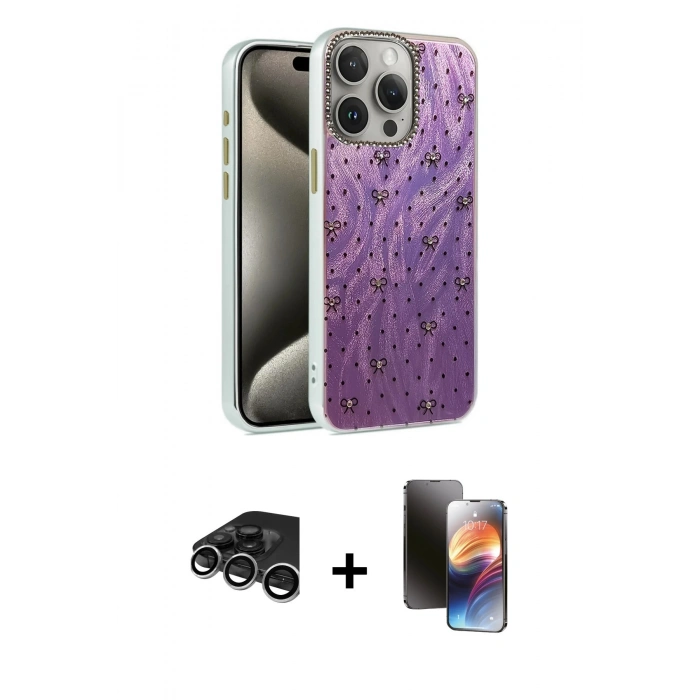 MARSİLYAN™- iPhone 15 Pro Max Kılıf Zirve Modern Prime - Siyah 3D Antistatik Mat Seramik Nano Ekran Koruyucu + Gümüş Raze Metal Kamera Lens
