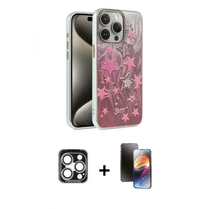 MARSİLYAN™- iPhone 15 Pro Max Kılıf Zirve Modern Prime - Siyah 3D Antistatik Mat Seramik Nano Ekran Koruyucu + PVD Metal Kamera Lens - GS