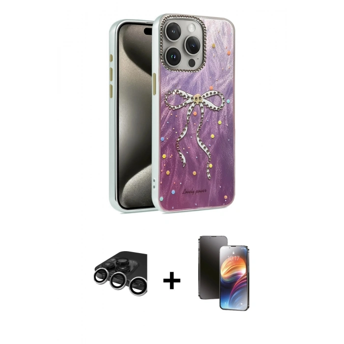 MARSİLYAN™- iPhone 15 Pro Max Kılıf Zirve Modern Prime - Siyah 3D Antistatik Mat Seramik Nano Ekran Koruyucu + Gümüş Raze Metal Kamera Lens