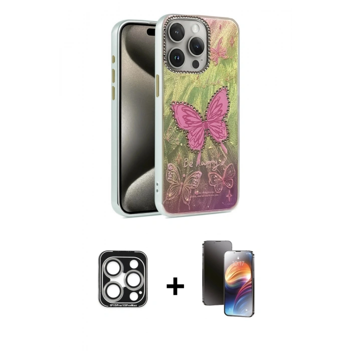 MARSİLYAN™- iPhone 15 Pro Max Kılıf Zirve Modern Prime - Siyah 3D Antistatik Mat Seramik Nano Ekran Koruyucu + PVD Metal Kamera Lens - GS