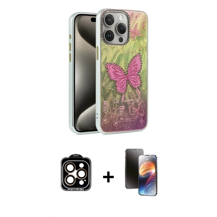 MARSİLYAN™- iPhone 15 Pro Max Kılıf Zirve Modern Prime - Siyah 3D Antistatik Mat Seramik Nano Ekran Koruyucu + Turuncu PVD Metal Kamera Lens