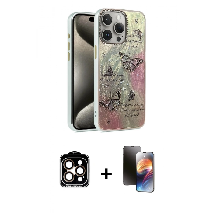 MARSİLYAN™- iPhone 15 Pro Max Kılıf Zirve Modern Prime - Siyah 3D Antistatik Mat Seramik Nano Ekran Koruyucu + Turuncu PVD Metal Kamera Lens