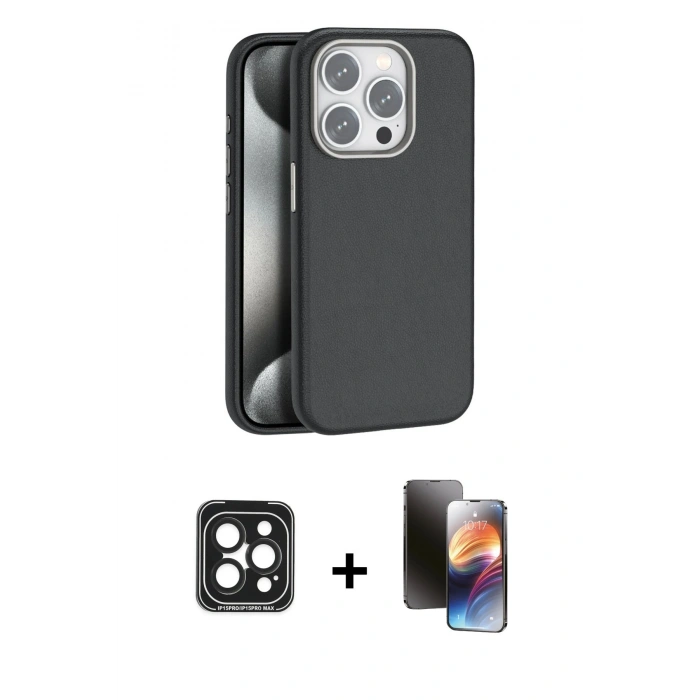 MARSİLYAN™- iPhone 15 Pro Max Kılıf Zirve Modern Prime - Siyah 3D Antistatik Mat Seramik Nano Ekran Koruyucu + PVD Metal Kamera Lens - SH