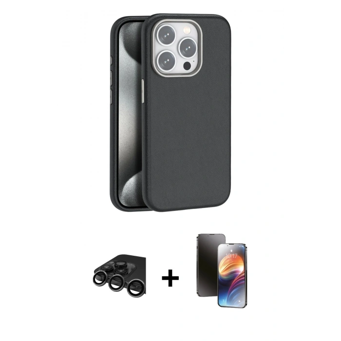 MARSİLYAN™- iPhone 15 Pro Max Kılıf Zirve Modern Prime - Siyah 3D Antistatik Mat Seramik Nano Ekran Koruyucu + Raze Metal Kamera Lens - TMGI