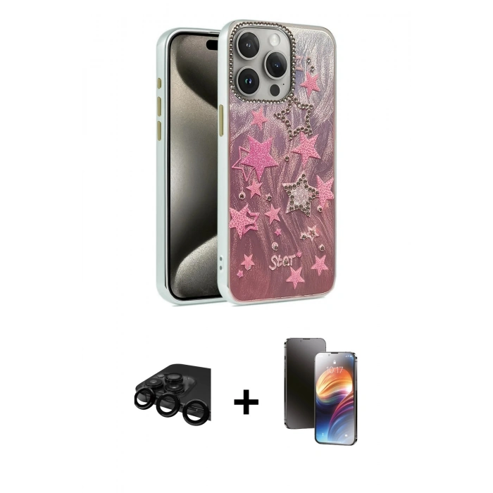 MARSİLYAN™- iPhone 15 Pro Max Kılıf Zirve Modern Prime - Siyah 3D Antistatik Mat Seramik Nano Ekran Koruyucu + Raze Metal Kamera Lens - SH