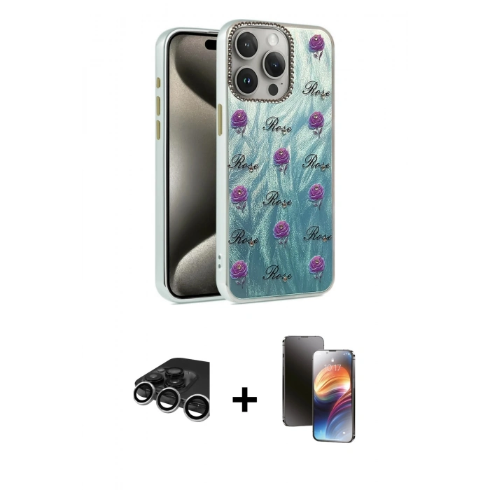 MARSİLYAN™- iPhone 15 Pro Max Kılıf Zirve Modern Prime - Siyah 3D Antistatik Mat Seramik Nano Ekran Koruyucu + Gümüş Raze Metal Kamera Lens