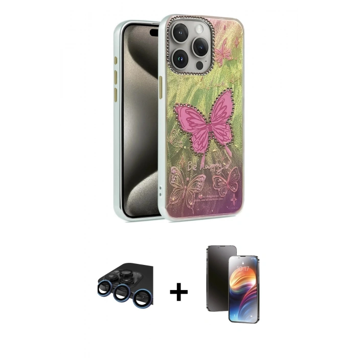 MARSİLYAN™- iPhone 15 Pro Max Kılıf Zirve Modern Prime - Siyah 3D Antistatik Mat Seramik Nano Ekran Koruyucu + Lacivert Raze Metal Kamera Lens