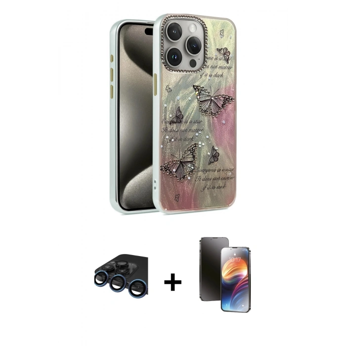 MARSİLYAN™- iPhone 15 Pro Max Kılıf Zirve Modern Prime - Siyah 3D Antistatik Mat Seramik Nano Ekran Koruyucu + Lacivert Raze Metal Kamera Lens