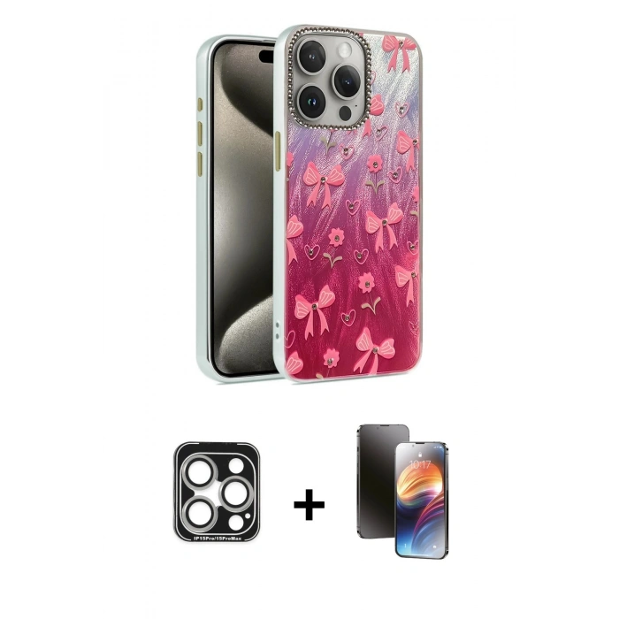MARSİLYAN™- iPhone 15 Pro Max Kılıf Zirve Modern Prime - Siyah 3D Antistatik Mat Seramik Nano Ekran Koruyucu + PVD Metal Kamera Lens - GS