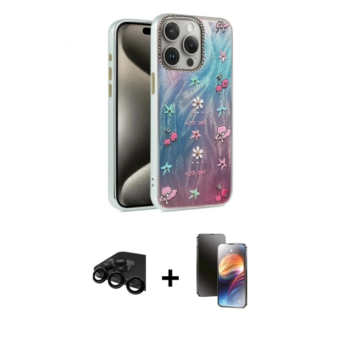 MARSİLYAN™- iPhone 15 Pro Max Kılıf Zirve Modern Prime - Siyah 3D Antistatik Mat Seramik Nano Ekran Koruyucu + Raze Metal Kamera Lens - SH