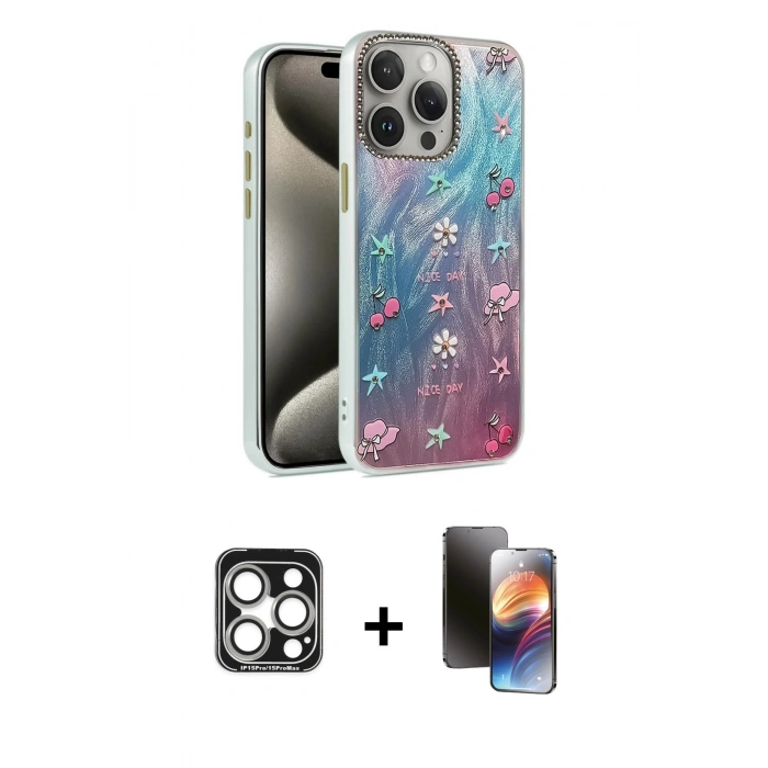 MARSİLYAN™- iPhone 15 Pro Max Kılıf Zirve Modern Prime - Siyah 3D Antistatik Mat Seramik Nano Ekran Koruyucu + PVD Metal Kamera Lens - GS