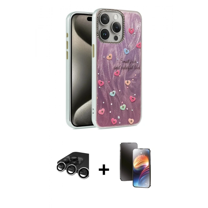 MARSİLYAN™- iPhone 15 Pro Max Kılıf Zirve Modern Prime - Siyah 3D Antistatik Mat Seramik Nano Ekran Koruyucu + Gümüş Raze Metal Kamera Lens