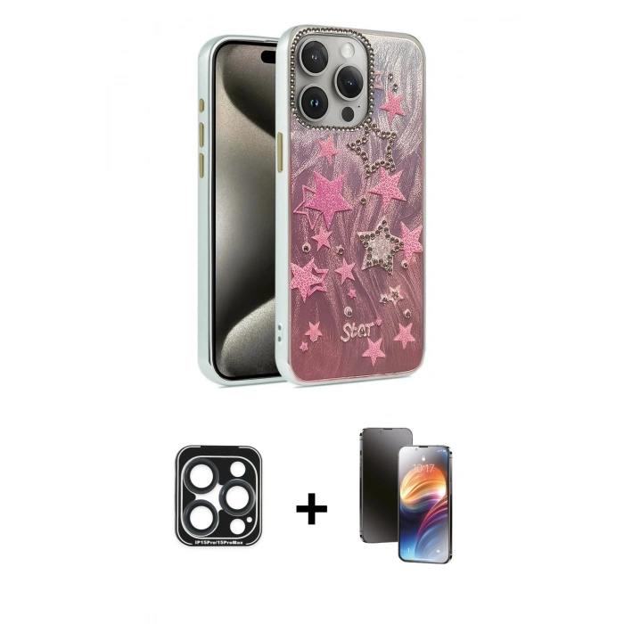 MARSİLYAN™- iPhone 15 Pro Max Kılıf Zirve Modern Prime - Siyah 3D Antistatik Mat Seramik Nano Ekran Koruyucu + PVD Metal Kamera Lens - LT