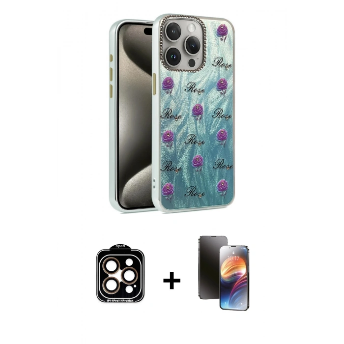 MARSİLYAN™- iPhone 15 Pro Max Kılıf Zirve Modern Prime - Siyah 3D Antistatik Mat Seramik Nano Ekran Koruyucu + Turuncu PVD Metal Kamera Lens