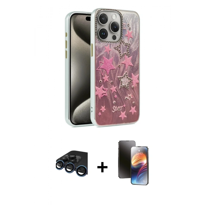 MARSİLYAN™- iPhone 15 Pro Max Kılıf Zirve Modern Prime - Siyah 3D Antistatik Mat Seramik Nano Ekran Koruyucu + Lacivert Raze Metal Kamera Lens