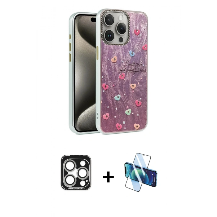 MARSİLYAN™- iPhone 15 Pro Max Kılıf Zirve Modern Prime - Siyah 3D Antistatik Seramik Nano Ekran Koruyucu + Gümüş PVD Metal Kamera Lens
