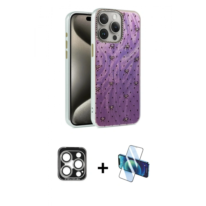 MARSİLYAN™- iPhone 15 Pro Max Kılıf Zirve Modern Prime - Siyah 3D Antistatik Seramik Nano Ekran Koruyucu + Gümüş PVD Metal Kamera Lens