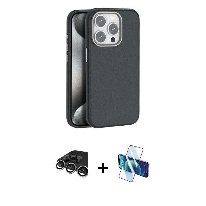 MARSİLYAN™- iPhone 15 Pro Max Kılıf Zirve Modern Prime - Siyah 3D Antistatik Seramik Nano Ekran Koruyucu + Raze Metal Kamera Lens - GS