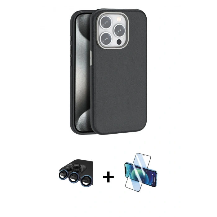 MARSİLYAN™- iPhone 15 Pro Max Kılıf Zirve Modern Prime - Siyah 3D Antistatik Seramik Nano Ekran Koruyucu + Raze Metal Kamera Lens - LT