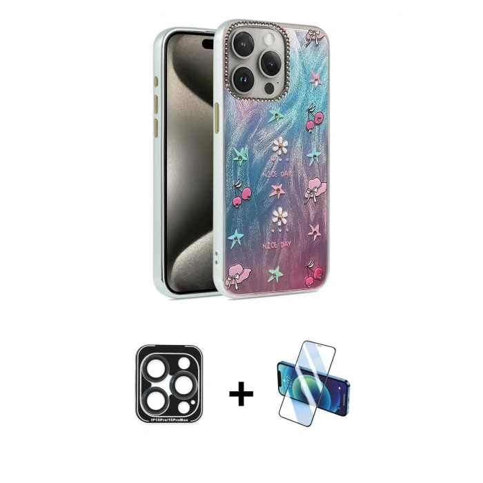 MARSİLYAN™- iPhone 15 Pro Max Kılıf Zirve Modern Prime - Siyah 3D Antistatik Seramik Nano Ekran Koruyucu + PVD Metal Kamera Lens - LT