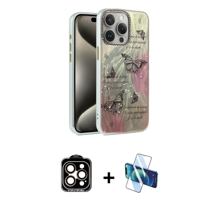 MARSİLYAN™- iPhone 15 Pro Max Kılıf Zirve Modern Prime - Siyah 3D Antistatik Seramik Nano Ekran Koruyucu + Turuncu PVD Metal Kamera Lens