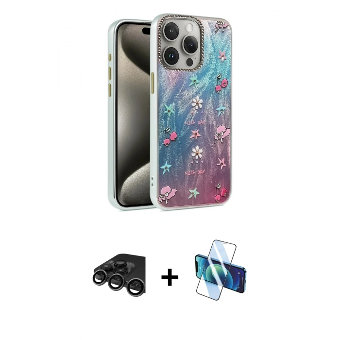 MARSİLYAN™- iPhone 15 Pro Max Kılıf Zirve Modern Prime - Siyah 3D Antistatik Seramik Nano Ekran Koruyucu + Raze Metal Kamera Lens - TMGI