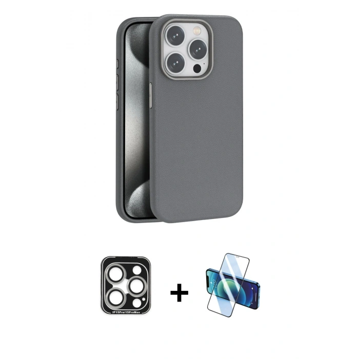 MARSİLYAN™- iPhone 15 Pro Max Kılıf Zirve Modern Prime - Siyah 3D Antistatik Seramik Nano Ekran Koruyucu + PVD Metal Kamera Lens - GS