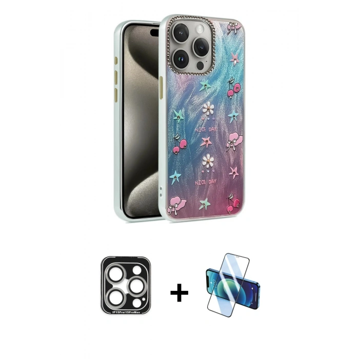 MARSİLYAN™- iPhone 15 Pro Max Kılıf Zirve Modern Prime - Siyah 3D Antistatik Seramik Nano Ekran Koruyucu + Gümüş PVD Metal Kamera Lens