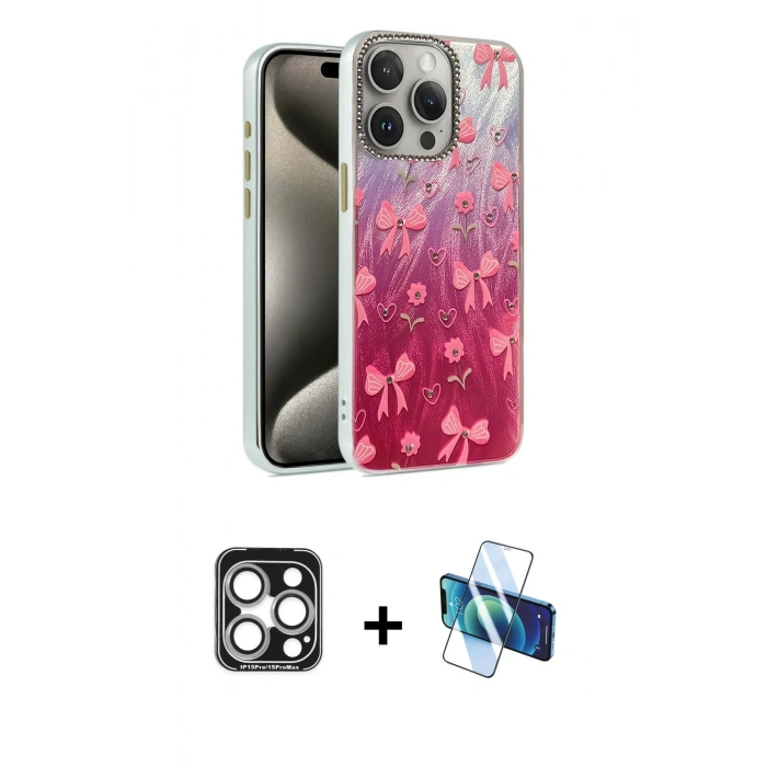 MARSİLYAN™- iPhone 15 Pro Max Kılıf Zirve Modern Prime - Siyah 3D Antistatik Seramik Nano Ekran Koruyucu + Gümüş PVD Metal Kamera Lens