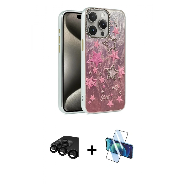 MARSİLYAN™- iPhone 15 Pro Max Kılıf Zirve Modern Prime - Siyah 3D Antistatik Seramik Nano Ekran Koruyucu + Raze Metal Kamera Lens - SH