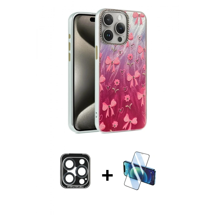 MARSİLYAN™- iPhone 15 Pro Max Kılıf Zirve Modern Prime - Siyah 3D Antistatik Seramik Nano Ekran Koruyucu + PVD Metal Kamera Lens - LT