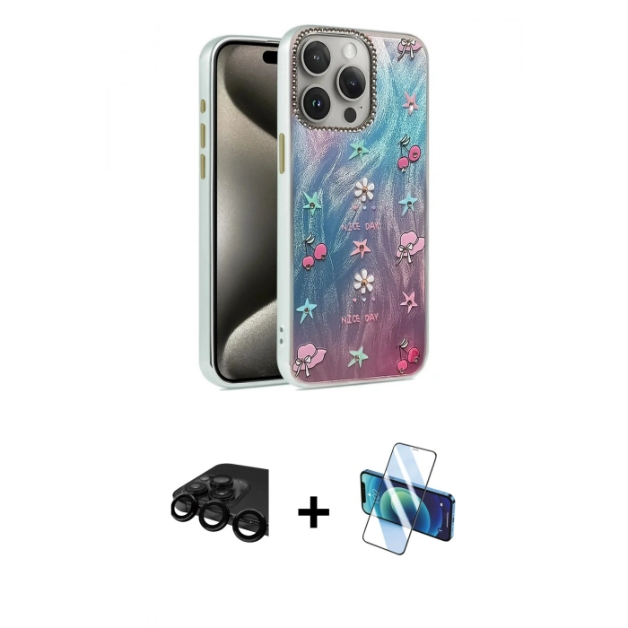 MARSİLYAN™- iPhone 15 Pro Max Kılıf Zirve Modern Prime - Siyah 3D Antistatik Seramik Nano Ekran Koruyucu + Raze Metal Kamera Lens - SH