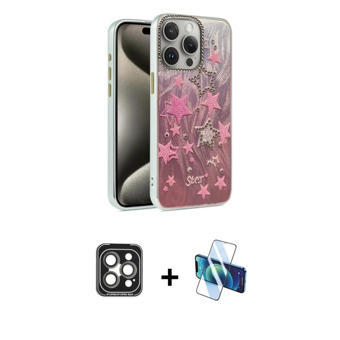 MARSİLYAN™- iPhone 15 Pro Max Kılıf Zirve Modern Prime - Siyah 3D Antistatik Seramik Nano Ekran Koruyucu + PVD Metal Kamera Lens - GI