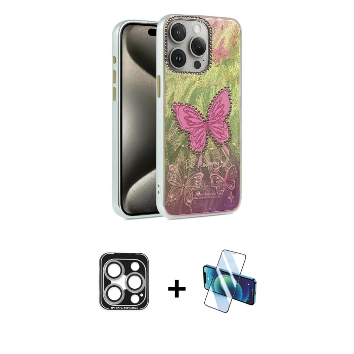 MARSİLYAN™- iPhone 15 Pro Max Kılıf Zirve Modern Prime - Siyah 3D Antistatik Seramik Nano Ekran Koruyucu + Gümüş PVD Metal Kamera Lens