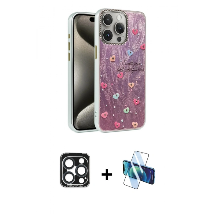 MARSİLYAN™- iPhone 15 Pro Max Kılıf Zirve Modern Prime - Siyah 3D Antistatik Seramik Nano Ekran Koruyucu + PVD Metal Kamera Lens - LT