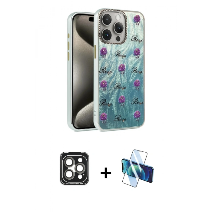 MARSİLYAN™- iPhone 15 Pro Max Kılıf Zirve Modern Prime - Siyah 3D Antistatik Seramik Nano Ekran Koruyucu + PVD Metal Kamera Lens - GI