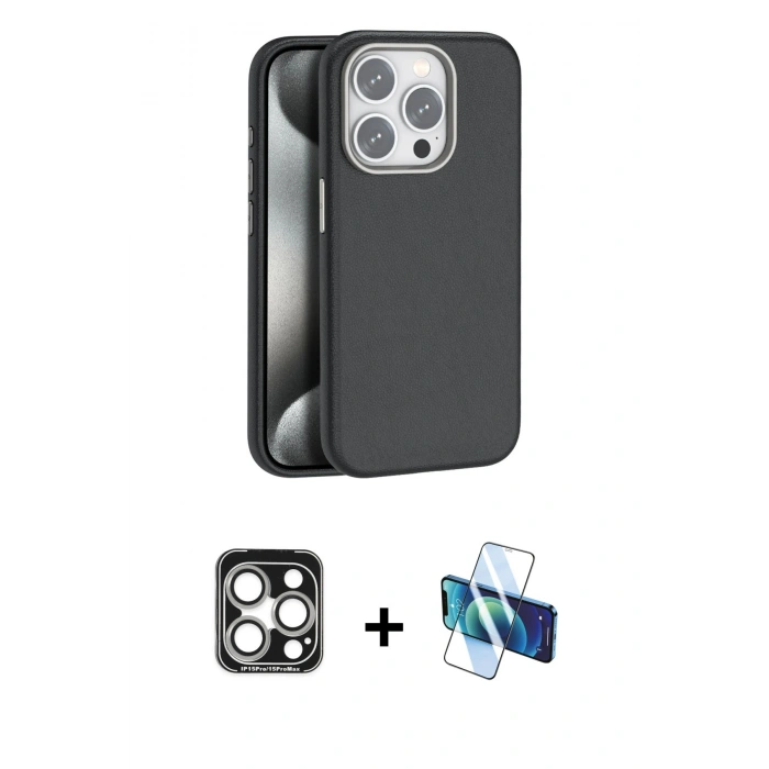MARSİLYAN™- iPhone 15 Pro Max Kılıf Zirve Modern Prime - Siyah 3D Antistatik Seramik Nano Ekran Koruyucu + PVD Metal Kamera Lens - GS