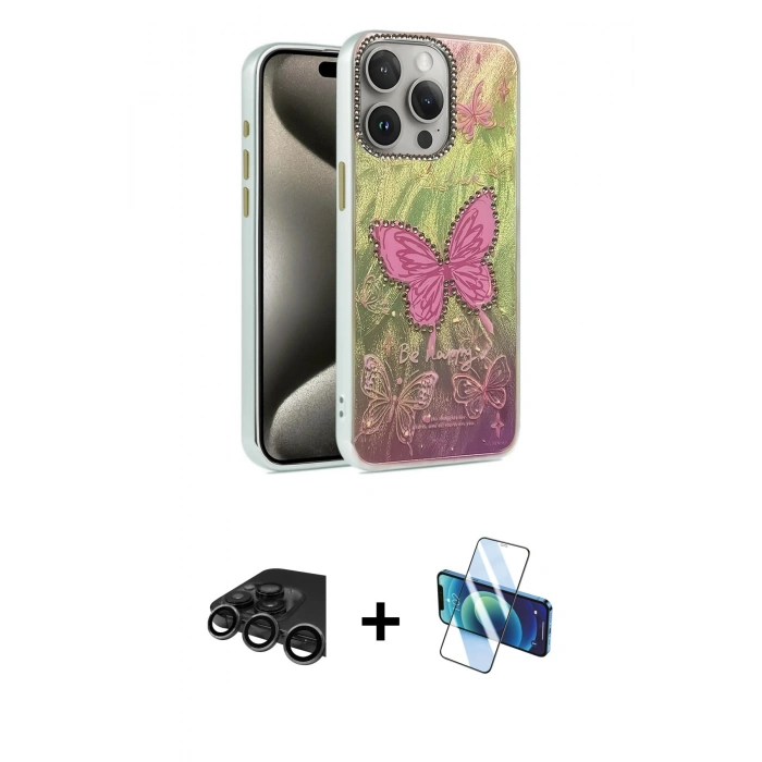 MARSİLYAN™- iPhone 15 Pro Max Kılıf Zirve Modern Prime - Siyah 3D Antistatik Seramik Nano Ekran Koruyucu + Raze Metal Kamera Lens - TMGI