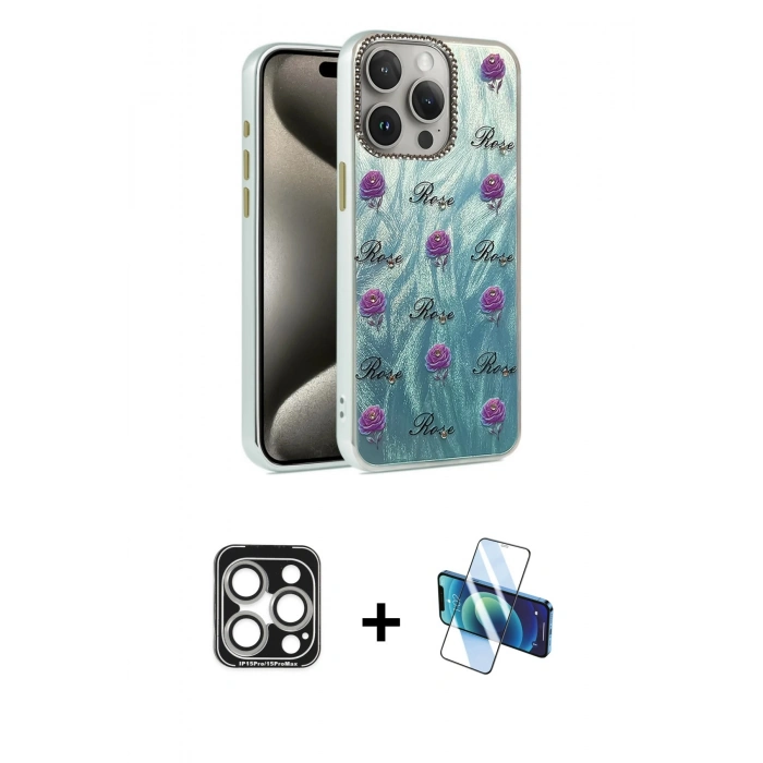 MARSİLYAN™- iPhone 15 Pro Max Kılıf Zirve Modern Prime - Siyah 3D Antistatik Seramik Nano Ekran Koruyucu + Gümüş PVD Metal Kamera Lens