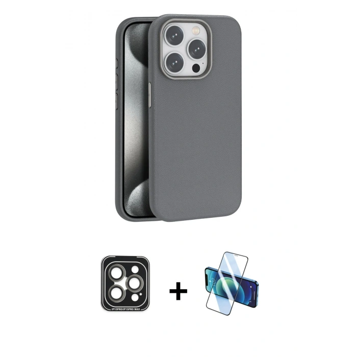 MARSİLYAN™- iPhone 15 Pro Max Kılıf Zirve Modern Prime - Siyah 3D Antistatik Seramik Nano Ekran Koruyucu + Gri PVD Metal Kamera Lens