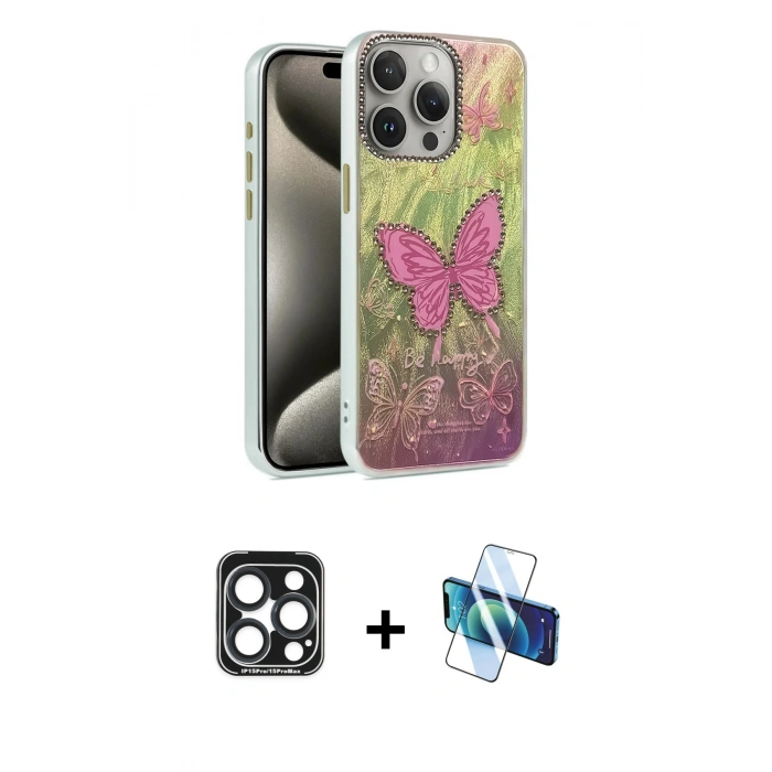 MARSİLYAN™- iPhone 15 Pro Max Kılıf Zirve Modern Prime - Siyah 3D Antistatik Seramik Nano Ekran Koruyucu + PVD Metal Kamera Lens - LT