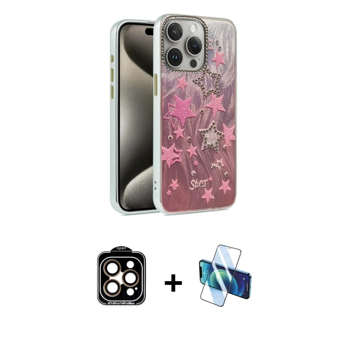 MARSİLYAN™- iPhone 15 Pro Max Kılıf Zirve Modern Prime - Siyah 3D Antistatik Seramik Nano Ekran Koruyucu + Turuncu PVD Metal Kamera Lens