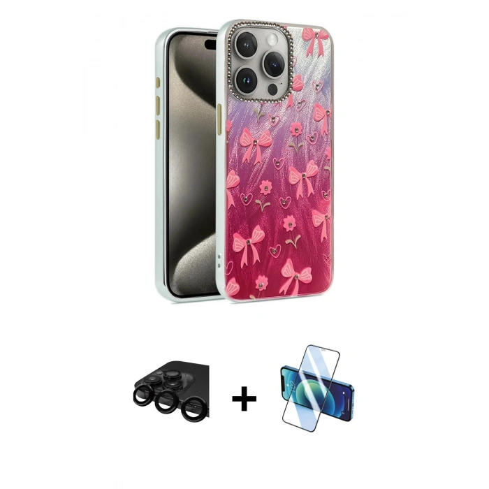MARSİLYAN™- iPhone 15 Pro Max Kılıf Zirve Modern Prime - Siyah 3D Antistatik Seramik Nano Ekran Koruyucu + Raze Metal Kamera Lens - SH