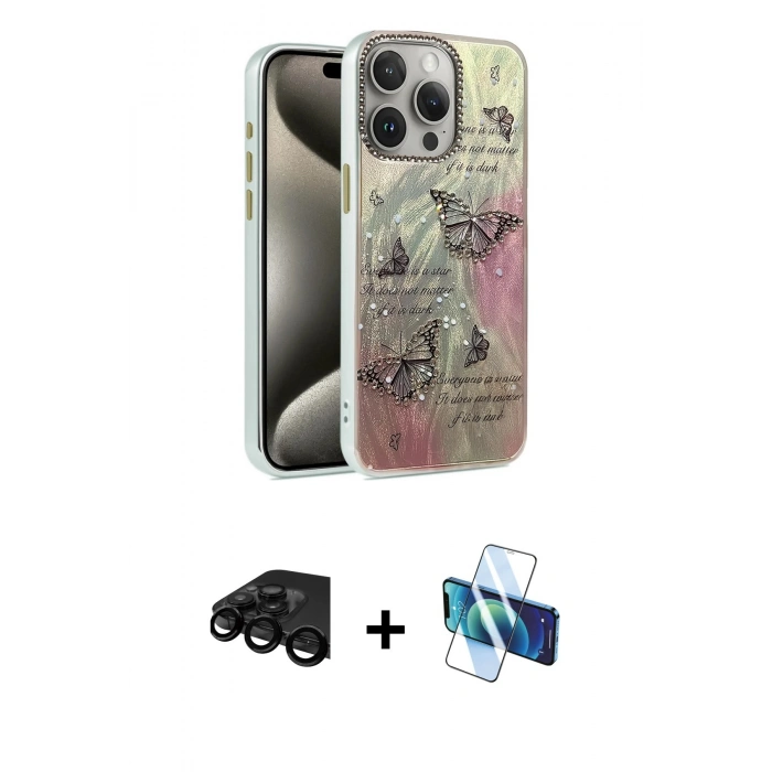 MARSİLYAN™- iPhone 15 Pro Max Kılıf Zirve Modern Prime - Siyah 3D Antistatik Seramik Nano Ekran Koruyucu + Raze Metal Kamera Lens - SH